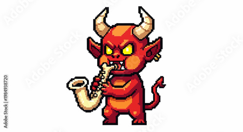 Cute Red Devil Playing Saxophone Character.