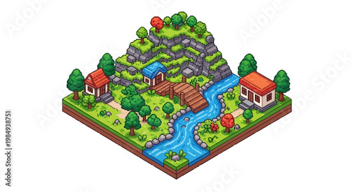Isometric Pixel Art Landscape with River and Houses.