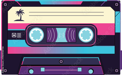 An illustration of a retrowave cassette tape