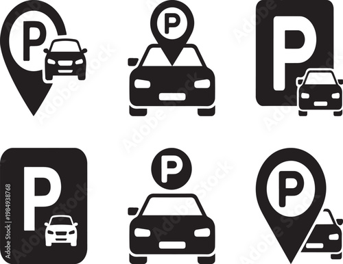 Car Parking Sign Location Map Pointer Auto Silhouette Icon Set