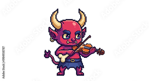 Cute Red Devil Playing Violin with Horns and Tail.