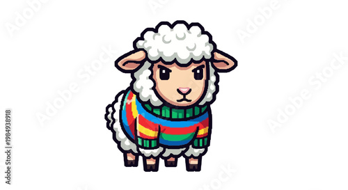 Cute Sheep Wearing a Colorful Striped Sweater.