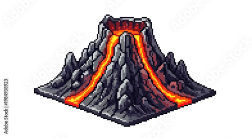 Isometric pixel art volcano erupting with lava flows.