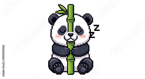 Cute Sleeping Panda Hugging Bamboo Illustration.