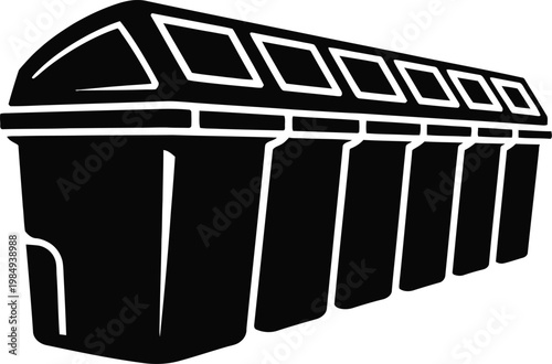 Row Of Black Recycling Bins With Lids In Perspective View trash garbage