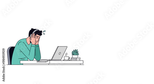 Man sitting at desk with laptop. Person working on computer. Businessman feeling stressed. Office worker with headache. Vector illustration on white background.