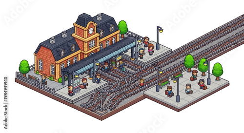 Isometric Train Station Building with Tracks and People.