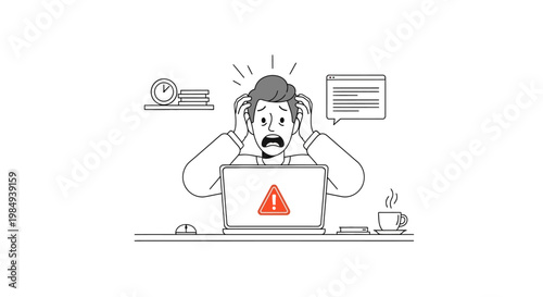 Frustrated man sitting at desk. Person stressed with laptop computer. Error warning sign on screen. Vector illustration of shocked employee. Office worker with worried expression. Computer