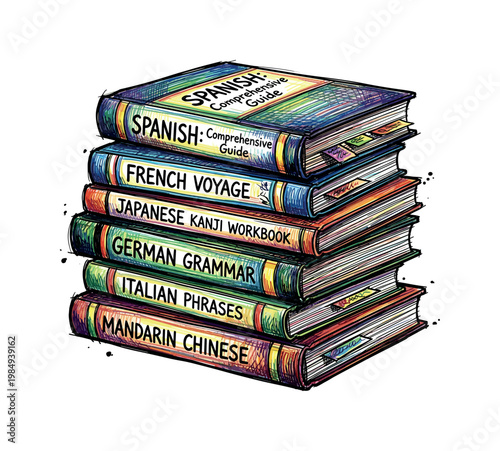Stack of language learning books for Spanish, French, Japanese, German, Italian, and Mandarin