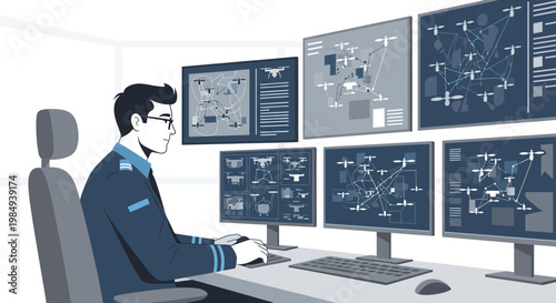 Security operator monitoring complex network data on multiple screens in control room