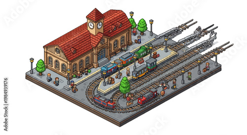 Isometric Train Station Building with Trains and Tracks.