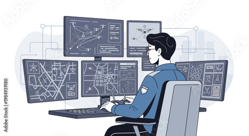 Security Operator Monitoring Surveillance Systems on Multiple Screens
