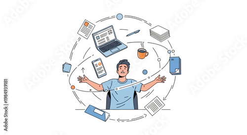 Frustrated man surrounded by office work. Overwhelmed employee with arms outstretched. Multitasking concept. Vector illustration on white background. Business and stress. Office tasks and