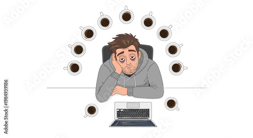 Man feeling stressed at work. Tired employee with coffee cups around him. Vector illustration of frustrated office worker. Overwhelmed man with laptop. Grey background.