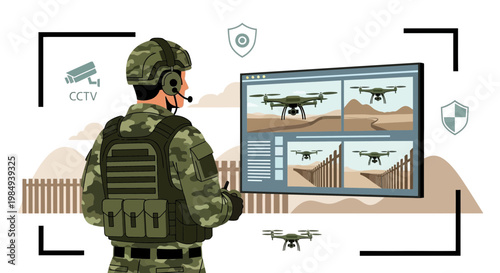 Soldier monitoring drone surveillance footage on computer screen, military technology concept