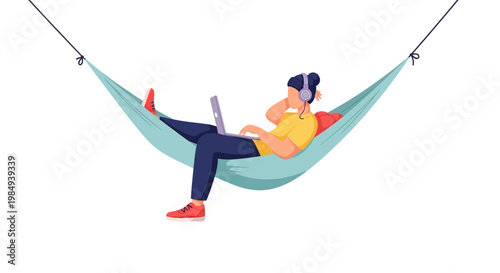 Woman relaxing on hammock. Person working on laptop. Vector illustration of leisure. People enjoying outdoor. Hammock scene. White background. Simple flat style. Adult lifestyle. Recreation