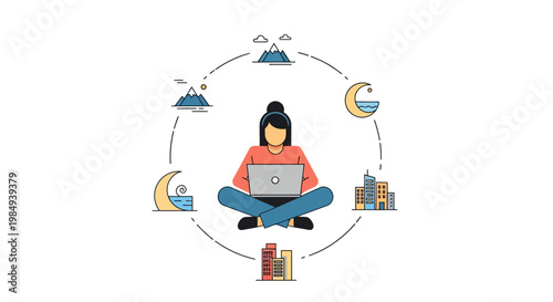 Woman working on laptop. Freelancer or remote worker. Day and night cycle. Vector illustration of person with computer. Mountains, city, and moon icons. Simple flat design. White background.