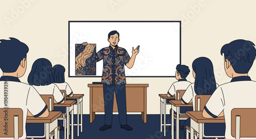 Teacher in Batik Shirt Explains Art to Students in Classroom