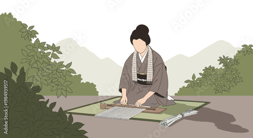 Traditional Japanese Woman Weaving Fabric on a Loom in a Serene Garden Setting