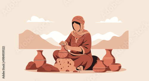 Traditional Pottery Making: Woman Crafting Clay Vessels in a Rustic Outdoor Setting