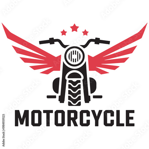 Stylish graphic of a motorcycle with wings and stars above it