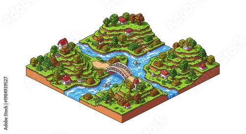 Isometric Village Landscape with River and Bridge.