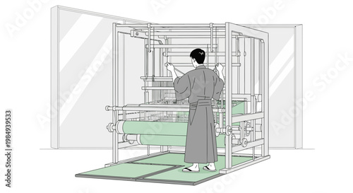 Traditional Weaver in Kimono Operating a Large Loom, Textile Production