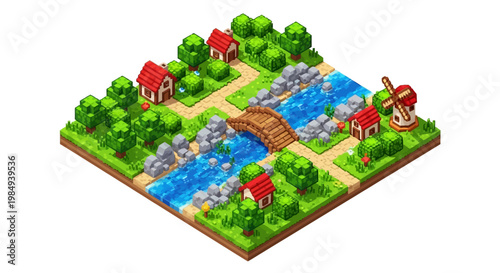 Isometric Village Landscape with River and Houses.