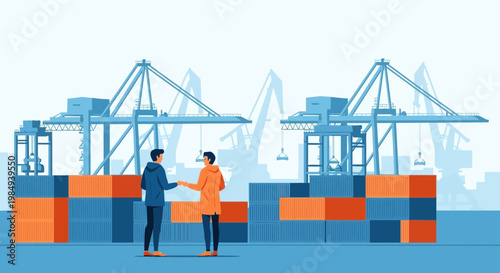 Two businessmen shaking hands at a shipping port with cranes and containers