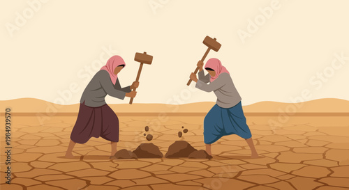 Two farmers breaking dry cracked earth with mallets, symbolizing drought and hard work.