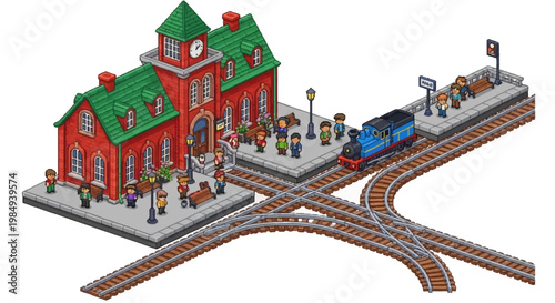 Isometric Train Station with Blue Locomotive and Passengers.