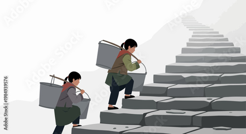 Two children carrying water buckets up stone stairs, symbolizing hard work and perseverance.