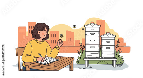 Urban beekeeper woman studying bees and hives in city garden, sustainable lifestyle