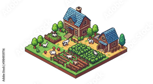 Isometric Farm Village Scene with Animals and Crops.