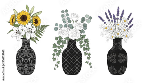 Black floral vase illustration set decorative flowers botanical design