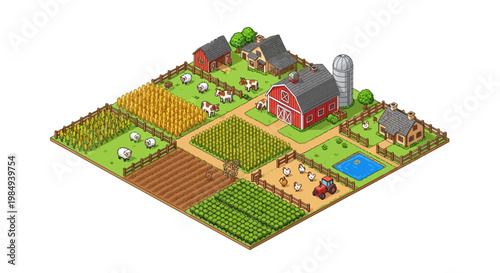 Isometric Farm Village with Crops and Livestock.