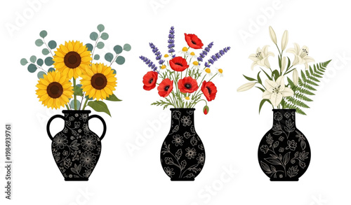 Floral vase vector set black decorative pottery flowers arrangement