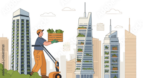 Urban farming: Farmer harvests fresh vegetables from vertical farm on skyscraper