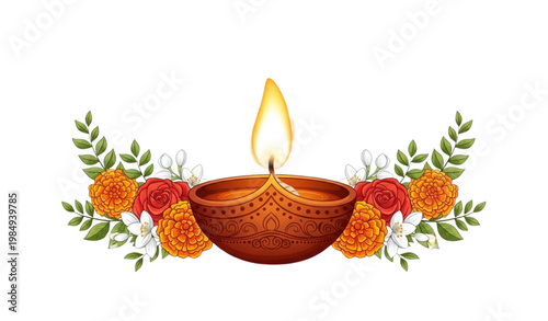 Diwali diya lamp vector with flowers flame festive Indian celebration