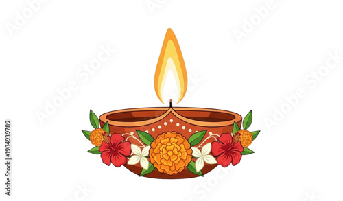 Diwali lamp vector illustration diya with flowers festive floral design