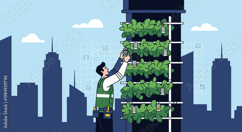Urban gardener tending vertical farm on skyscraper, city skyline background
