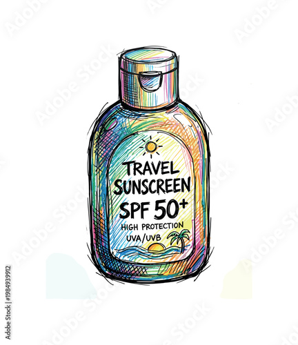 Colorful hand-drawn bottle of travel sunscreen SPF 50+ with beach scene