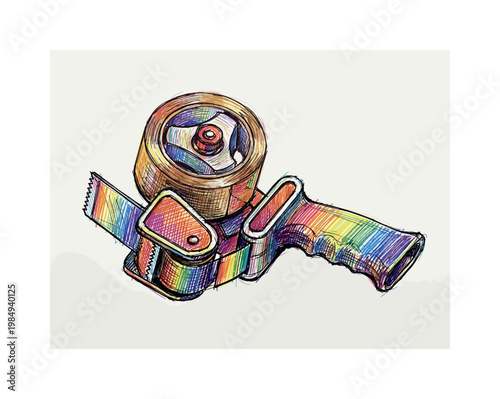 Colorful tape dispenser drawing with rainbow colored adhesive tape and handle