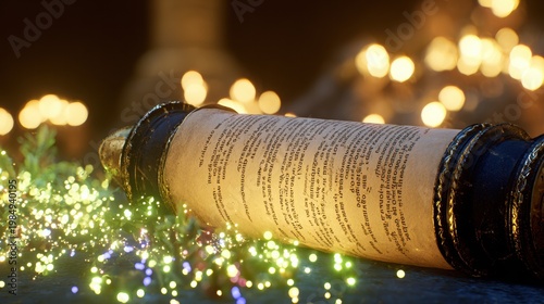 Ancient scroll with mystical symbols and glowing lights, resting on a textured surface, surrounded by a magical ambiance, representing esoteric knowledge and spiritual exploration