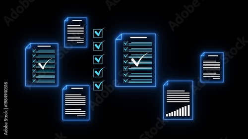 Document management concept, Businesswomen check electronic documents on digital documents on virtual screen Document Management System and process automation. Motion graphics of document concept.