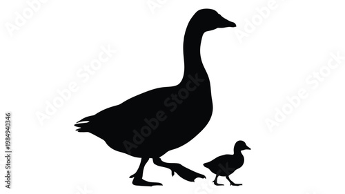 A mother goose and her chick depicted in striking black silhouette