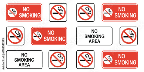 No Smoking Sign Collection, Prohibition Symbols with Cigarette, Electronic Cigarette and Smoke Icons, Tobacco Restriction Notices for Public Places, Indoor Smoking Forbidden Vector Set