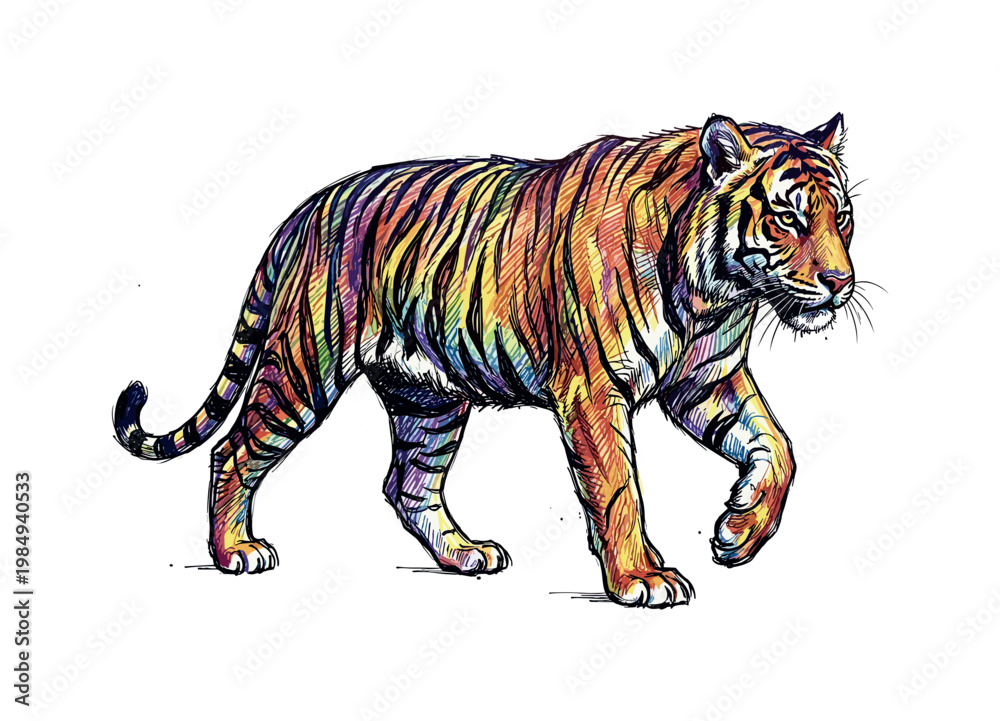 Obraz premium Vibrant, colorful tiger illustration with rainbow stripes walking confidently