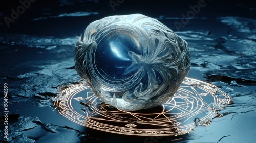 Mystical crystal orb resting on intricate magical symbols, surrounded by a dark, reflective surface, embodying the essence of metaphysical exploration and spiritual discovery