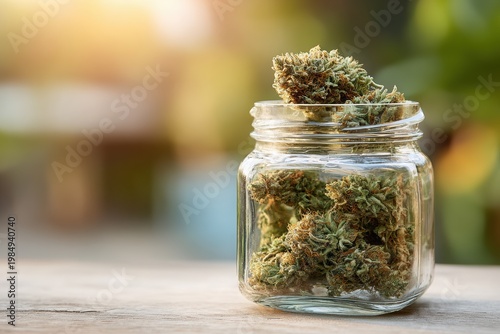 Glass jar filled with dried medical cannabis sits on wooden surface, showcasing vibrant green buds and natural lighting, emphasizing therapeutic benefits of marijuana